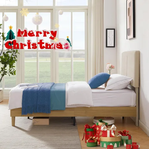 Vista 5 de VECELO Base de cama tamaño matrimonial tapizada con cabecera de algodón y lino ajustable en altura, listones de madera resistente, espacio debajo