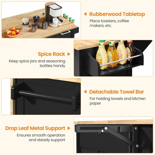 Vista 6 de Yaheetech Carrito de isla de cocina con hoja caída, barra de desayuno de cocina con 5 ruedas universales con gabinete de almacenamiento, parte Negro