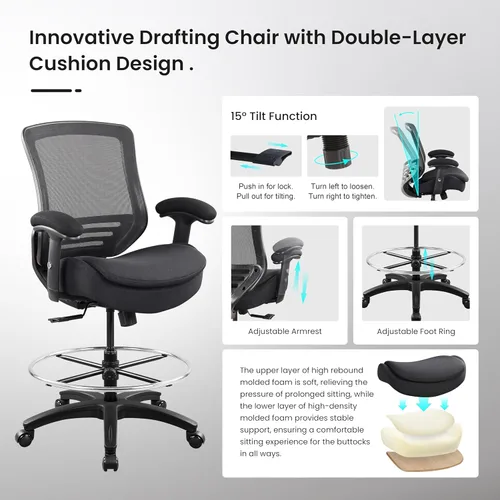 Vista 4 de BOLISS Silla de dibujo ergonómica de malla con respaldo medio de 400 libras, anillo de pie ajustable grande, reposabrazos ajustable en altura (negro)