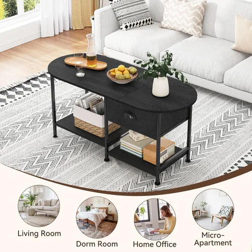 Vista 6 de Mesa de centro ovalada pequeña de 37 pulgadas con almacenamiento, mesa central de madera moderna para espacios pequeños, apartamento, oficina