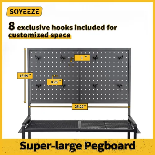 Vista 6 de SOYEEZE Soportes para cañas de pescar de gran tamaño para el garaje, estante de 3 niveles para cañas de pescar con tablero de clavijas y ganchos