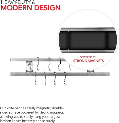 Vista 3 de Modern Innovations Soporte magnético para cuchillos de acero inoxidable de 12 pulgadas, barra doble de montaje en pared con 8 ganchos, tira