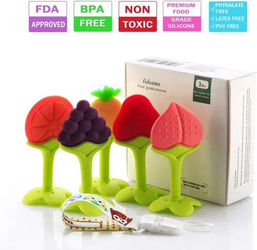 Vista 5 de Baby Teething Toys, Soft Silicone Natural BPA Free Fruit Teethers Set with Pacifier ClipHolder for Toddlers & Infants (5 Pack), Lideemo