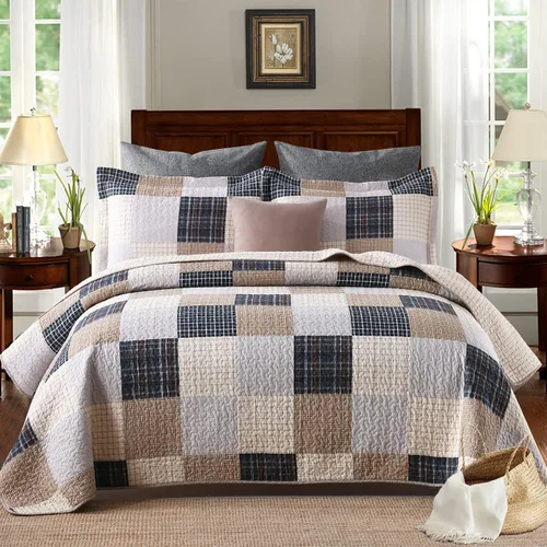 Vista 11 de PANGUSHAN - Juego de edredón tamaño Queen, 100% algodón, juego de ropa de cama, colcha reversible ligera de estilo granja con diseño de retazos, Azul