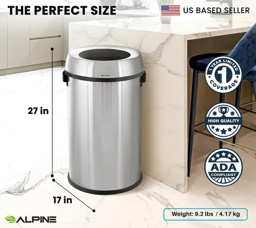 Vista 3 de Alpine Industries-470-65L-1 17-Gallon Stainless Steel Trash Can with Swing Lid - Heavy Duty Garbage Bin with Automatic Swing Closure for Odor