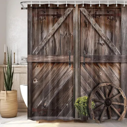 Vista 19 de Cortina de ducha de puerta de granero rústica de tamaño pequeño para baño, juegos de cortinas de decoración de baño de tablones de madera retro