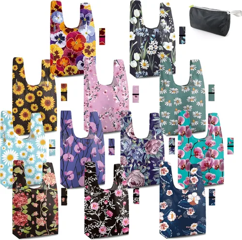 Vista 26 de BeeGreen Bolsas de comestibles reutilizables plegables, paquete de 12 bolsas grandes y bonitas, bolsa de regalo de tela lavable resistente con asas