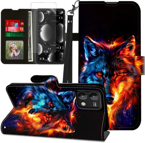Vista 187 de Funda para Motorola Edge 2022 con protector de pantalla, soporte y tarjetero y correa para la muñeca, funda magnética para Moto Edge 2022 5G UW Lobo