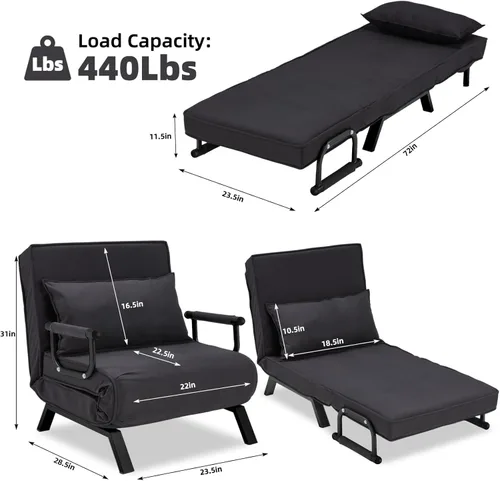 Vista 37 de Sillón convertible para cama, sillón tapizado de tres pliegues con almohada, sofá plegable de ocio con respaldo ajustable de 6 ángulos, cama