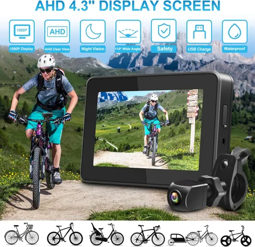 Vista 5 de PARKVISION Espejo retrovisor para bicicleta, cámara de visión trasera de bicicleta AHD 1080P con pantalla de 4.3 pulgadas, soporte giratorio