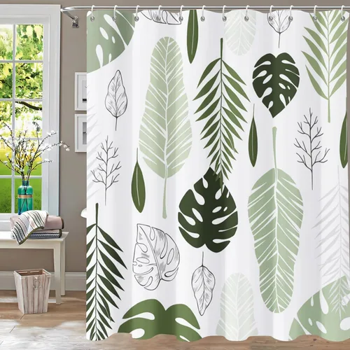 Vista 28 de Cortina de ducha de eucalipto azul para baño, juego de cortinas de ducha de hojas de acuarela, cortina de ducha impermeable para plantas, tela