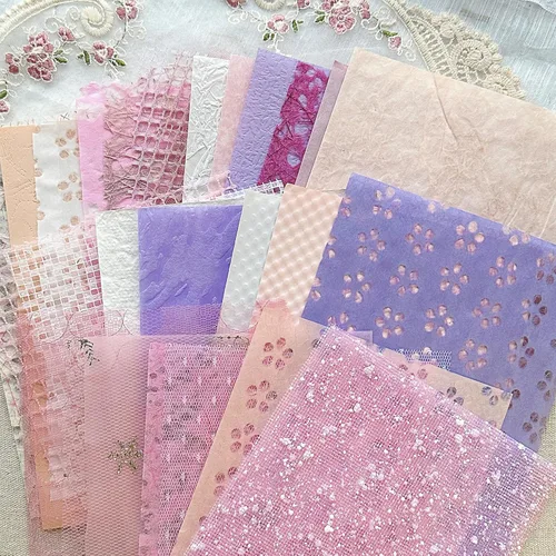 Juego de 30 piezas de papel de recortes texturizado hecho a mano y tela de malla - Hojas A5 únicas para manualidades, mezcla de papel de arroz