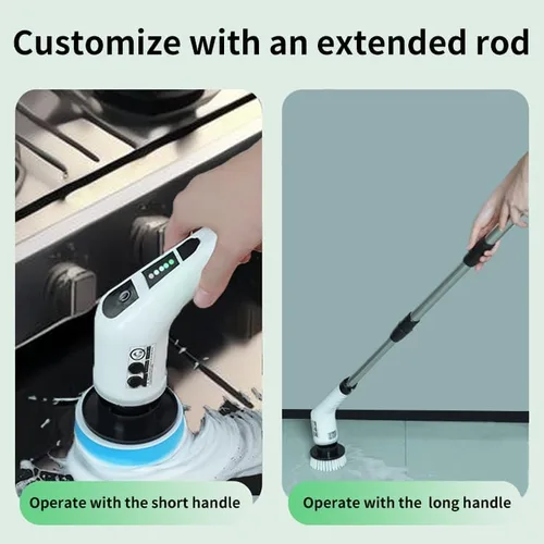 Vista 6 de Limpiador eléctrico giratorio, cepillo de limpieza inalámbrico con extensión ajustable para el hogar, 9 cabezales de cepillo reemplazables, 2