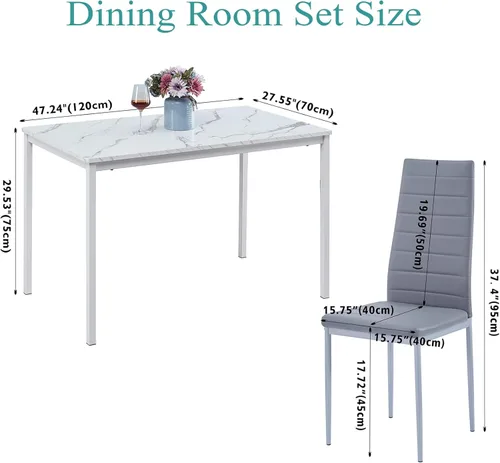 Vista 29 de Juego de comedor de 5 piezas para 4 mesas de comedor de mármol con sillas, mesa de cocina rectangular y sillas para cocina del hogar, comedor