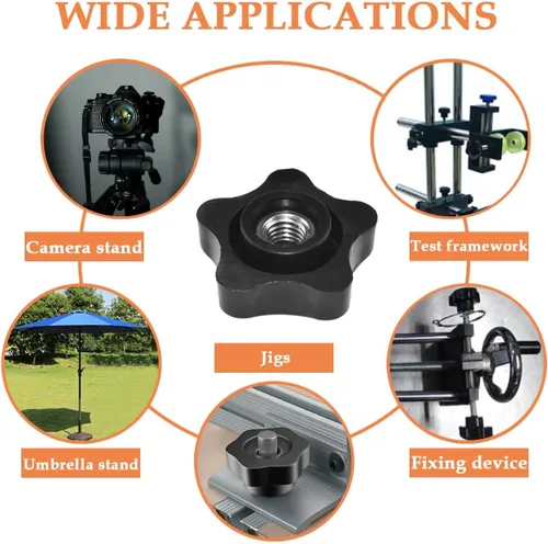 Vista 6 de Aifeier ET 4 piezas de tuercas de sujeción con perilla de rosca hembra de 3/8"-16 en negro de nylon con cabeza en forma de estrella de 5 puntas