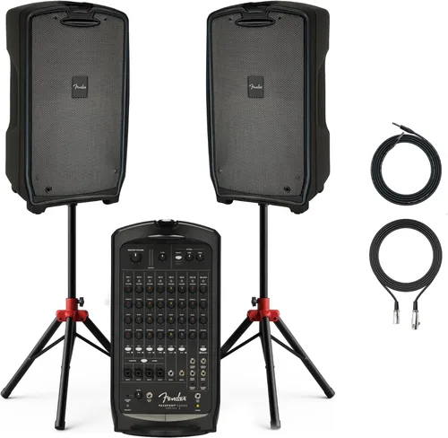Vista 14 de Fender Paquete de sistema PA portátil Passport Conference S2 con kit de micrófono, soportes de altavoz compactos y cable de instrumento