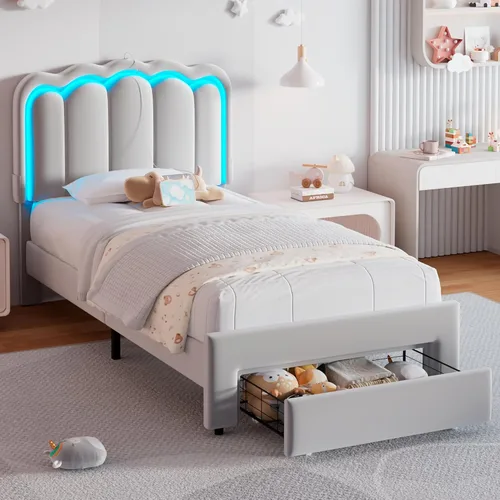 Vista 11 de Marco de cama LED tapizado individual con cajón de almacenamiento y cabecera doble ondulada ajustable, cama de plataforma de terciopelo