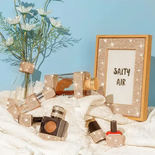 Vista 2 de Cinta de diamantes de imitación autoadhesiva color champán dorado y 3 rollos de tiras de diamantes de imitación de 9 yardas, rollo de cinta