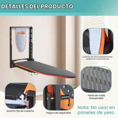 Vista 2 de Seiritex Tabla de planchar montada en la pared con soporte para plancha, 36 x 13 pulgadas, tabla de planchar plegable de montaje compacto
