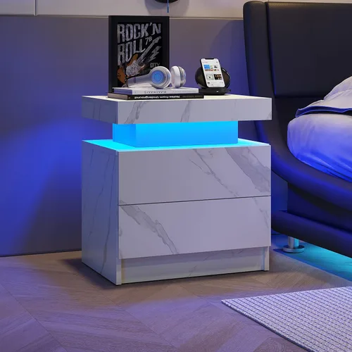 Vista 18 de Juego de 2 mesitas de noche LED negras, juego de 2 mesitas de noche modernas con 2 cajones, mesa auxiliar con luces LED para dormitorio, sala
