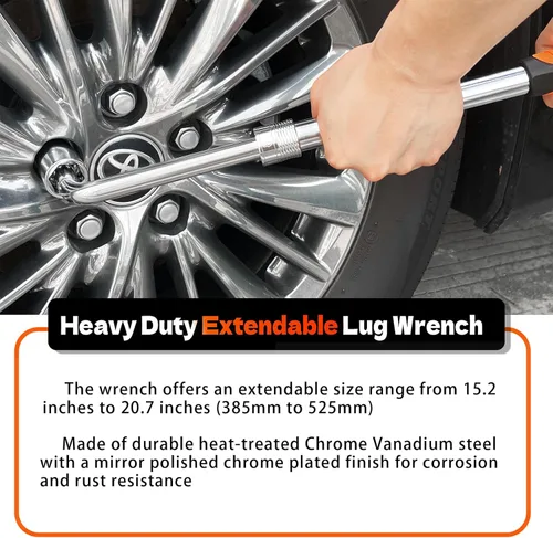 Vista 3 de Llave de cruceta telescópica con funda - Longitud ajustable de 15.2" a 20.7" Herramienta para neumáticos, acero CR-V de alto torque, bloqueo