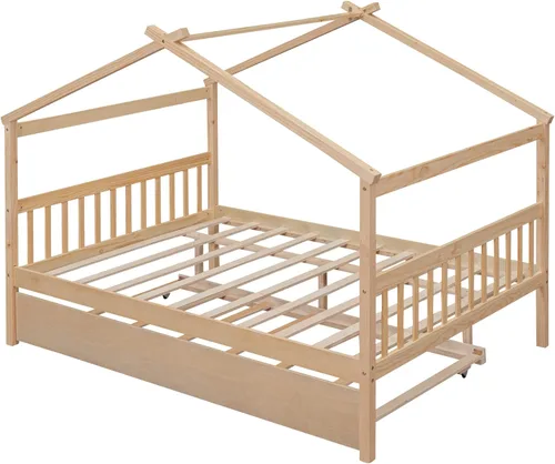 Vista 176 de Merax Cama de madera de tamaño individual con dos cajones, marco de cama de madera con techo para niños, adolescentes, niños o niñas, gris