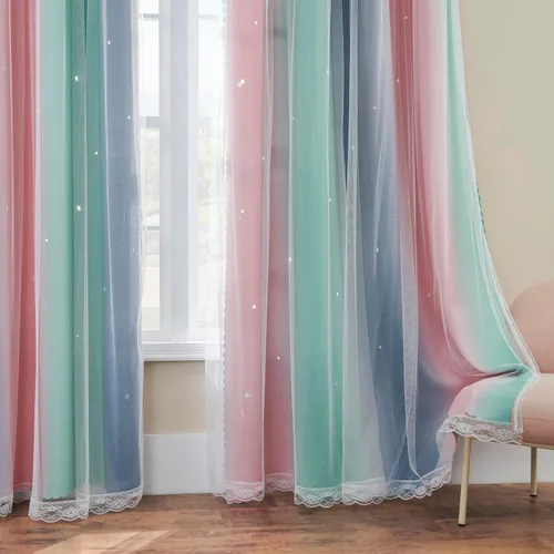 Vista 7 de XiDi Cortinas rosas y grises para dormitorio de niñas, calcomanías de pared de unicornio, cortina verde, cortinas de oscurecimiento de habitación