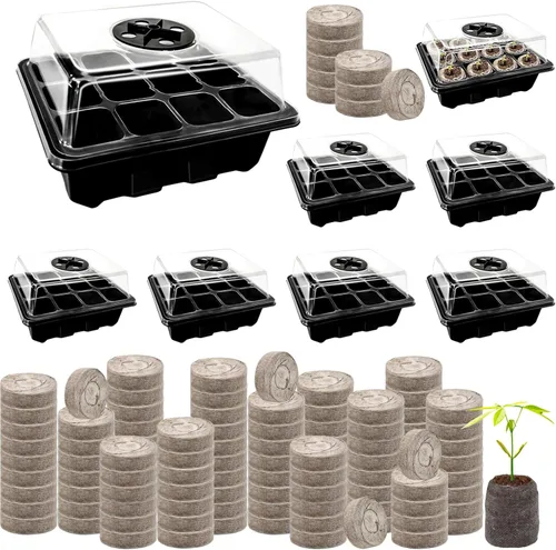 Vista 10 de Halatool Paquete de 4 bandejas de inicio de semillas con 50 pellets de turba, 48 celdas de color negro, bandejas de inicio de semillas para semillas
