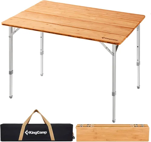 Vista 11 de KingCamp Mesa plegable de bambú, mesa de campamento portátil grande de 47 pulgadas con patas de altura ajustable para suelo irregular, superficie