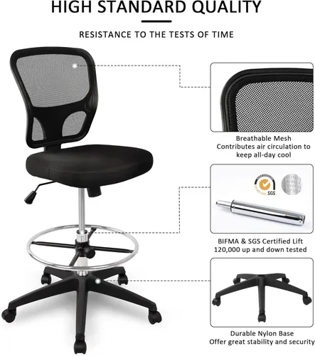 Vista 7 de HYLONE Sillas de oficina ergonómicas, silla de dibujo de oficina, silla de taburete rodante, silla de escritorio de pie sin brazos con reposapiés
