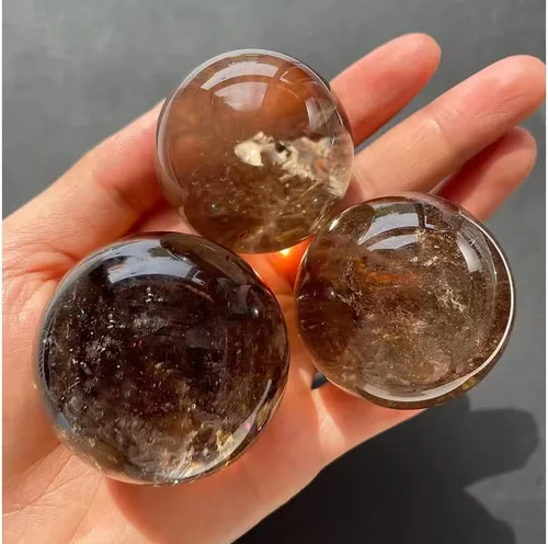 Vista 6 de Bola de cristal de cuarzo ahumado con soporte de madera, esfera curativa natural para decoración y meditación