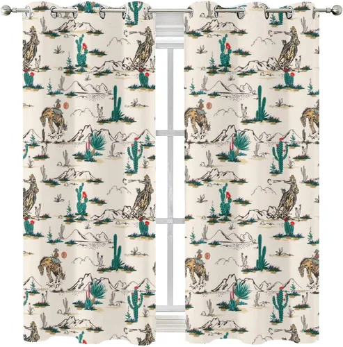 Vista 8 de Cortinas opacas retro de vaquero occidental para dormitorio, estilo rústico, cactus, salvaje oeste, vaquero, paseo, caballo, con ojales, aislamiento