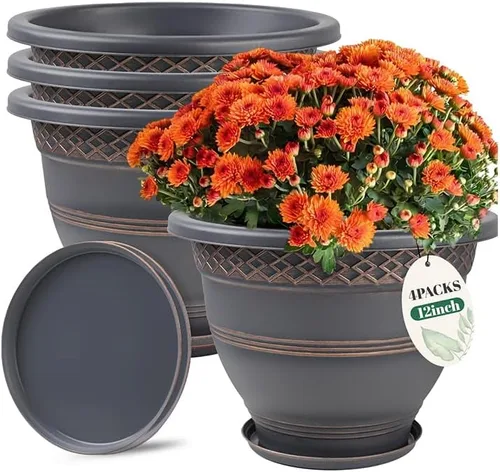 Vista 12 de Usocik Paquete de 6 macetas de 8 pulgadas, maceta de plástico para interiores y exteriores con agujeros de drenaje y platillo, macetas con patrón a