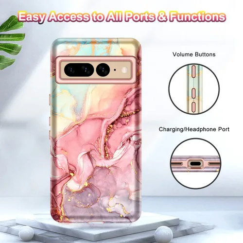 Vista 9 de Btscase Funda para Google Pixel 7 Pro, patrón de mármol 3 en 1, resistente a prueba de golpes, cuerpo completo, policarbonato duro y suave