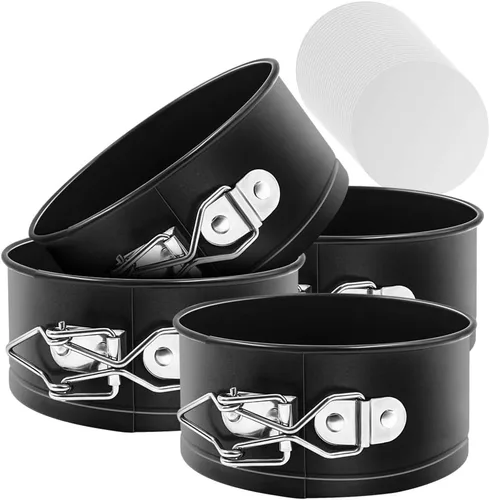 MASSUGAR Springform - Paquete de 4 moldes para pasteles pequeños de 4 pulgadas con 50 forros de papel pergamino, sartén antiadherente a prueba de