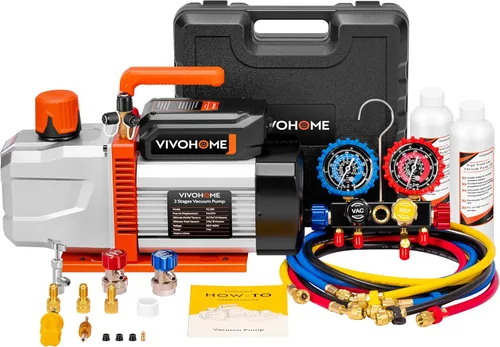 Vista 10 de VIVOHOME Serie VG - Juego de bomba de vacío de CA y medidor, bomba de vacío HVAC de 2 etapas 1/2 HP 5CFM y kit de manómetro de colector de 3 vías