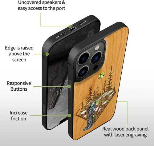 Vista 6 de Carveit Funda protectora de madera de diseñador para iPhone 13 Pro (grabado de madera e incrustaciones de carcasa) compatible con 13 Pro MagSafe