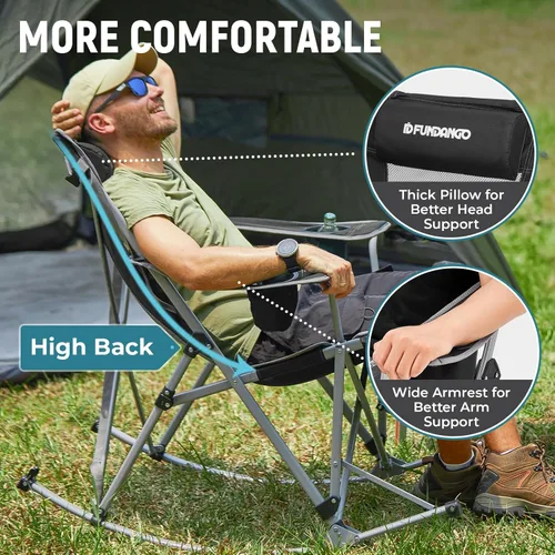 Vista 4 de FUNDANGO Silla mecedora para campamento, respaldo de malla alta, sillas de campamento plegables portátiles con almohadas, portavasos y bolsa