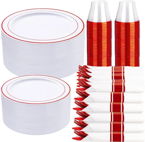 Vista 15 de WELLIFE 210 vajilla de plástico negro con servilletas preenrolladas, incluye: 30 platos llanos, 30 platos de postre, 30 servilletas de papel, 30
