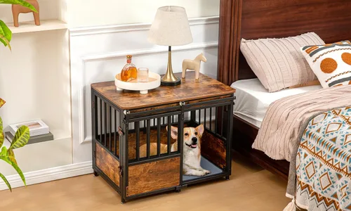 Vista 3 de KOOPRO Mueble de jaula para perros de 32 pulgadas con cojín para perros grandes y medianos, perrera de madera resistente con puertas dobles, jaula