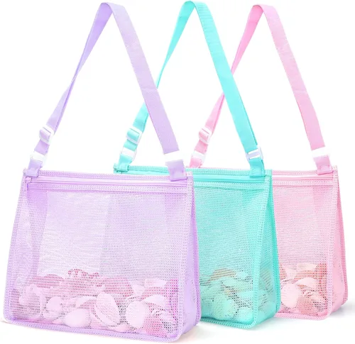 Vista 9 de Tagitary Bolsa de playa de malla para juguetes de playa, bolsa de recolección de conchas para niños, bolsa de arena de playa, accesorios de natación