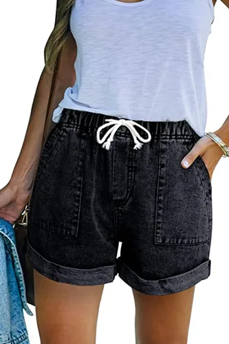 NEYOUQE Pantalones cortos de mezclilla de moda casual para mujer, cintura alta, rasgados, pantalones cortos con cordón elástico en la cintura 2025