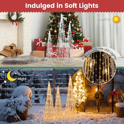Vista 7 de Tangkula Juego de 3 árboles de cono de Navidad iluminados, juego de árbol cónico decorativo de Navidad con cadenas de estrellas, 90 luces LED