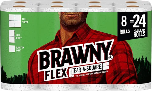 Brawny Toallas de papel flexibles, 8 rollos triples = 24 rollos regulares, rasgar-a-cuadrado, 3 opciones de tamaño de hoja, hojas de tamaño cuarto