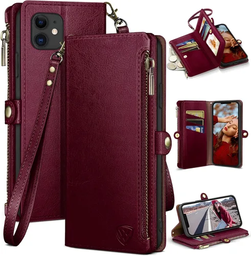 XcaseBar Funda tipo cartera para iPhone 12/12 Pro de 6.1 pulgadas con cremallera y tarjetero de crédito con bloqueo RFID, funda de piel sintética