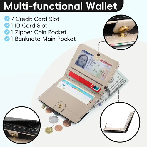 Vista 2 de Billetera pequeña para mujer, con bloqueo RFID, de piel, plegable, para tarjetas de crédito, con ventana de identificación, con cremallera, bolsillo