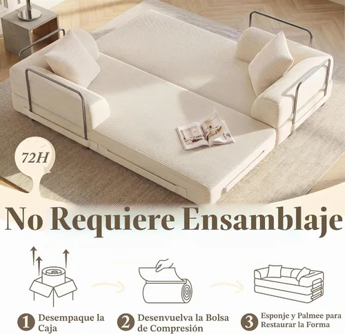 Vista 8 de Sofá cama convertible Cloud sin huesos, sofá de piso de 177,8 cm, 4 en 1, plegable, acomodado, sofá de 2 plazas, sofá cama de espuma de alta Beige