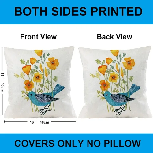Vista 2 de Juego de 4 fundas de cojín decorativas con diseño de pájaros estilo primavera, funda para cojín decorativo, funda para cojín de exterior con flores