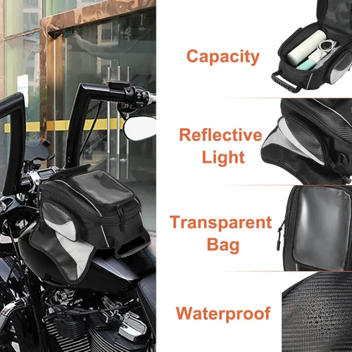 Vista 4 de Motoforti Universal motocicleta tanque magnético bolsa de herramientas combustible alforja con correa impermeable negro