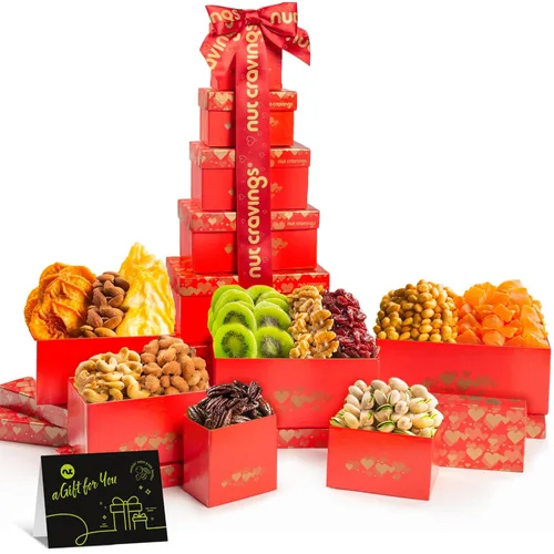 NUT CRAVINGS - Cesta de regalo para el día de la madre, frutas secas y frutos secos mixtos, torre roja + cinta de corazón (12 surtidos), arreglo de